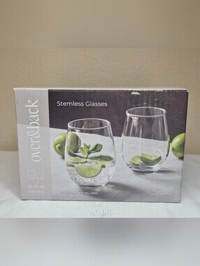 Over & Back Stemless Wine Glass Set of 4 18.25 oz Clear Glasses NIB